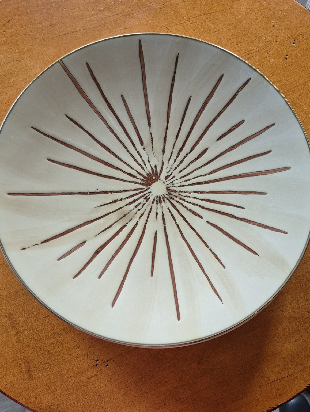 Pier 1 Sanctuary Cream Ceramic Plates with Brown Starburst Motif. Set Of 2